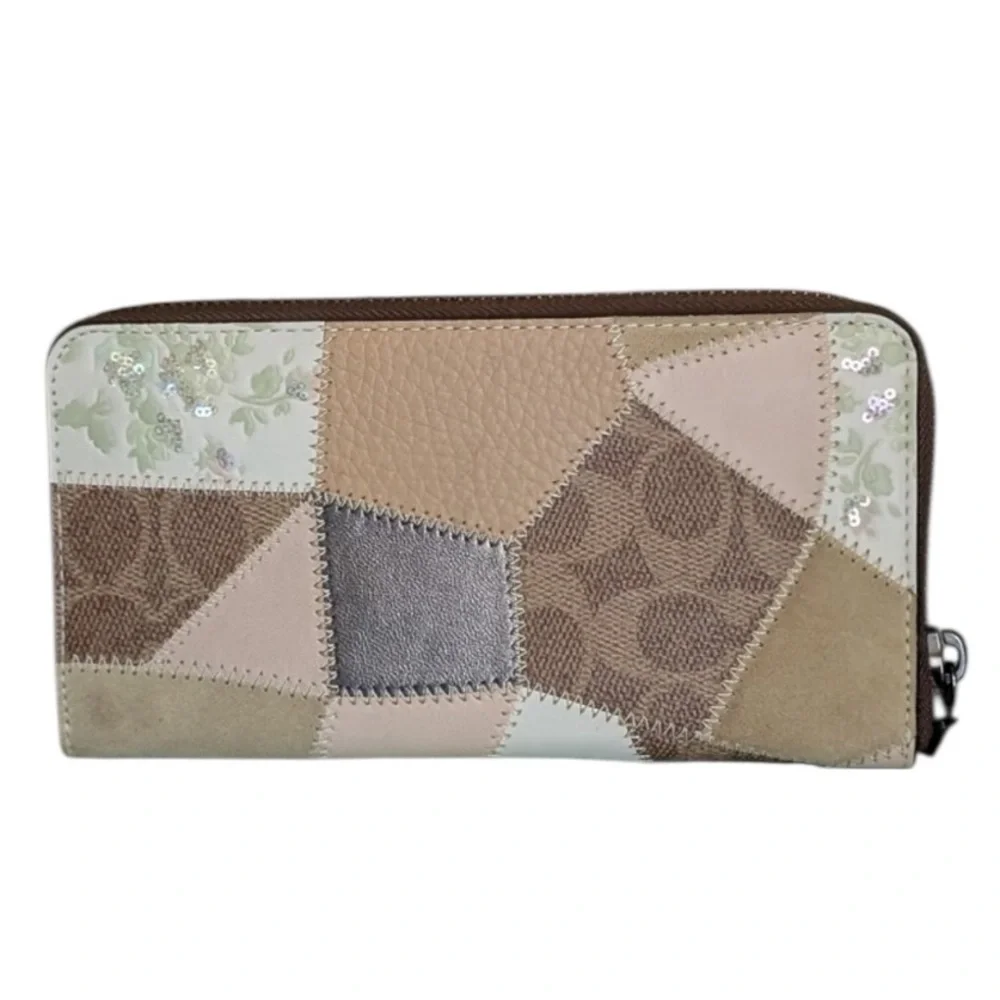 COACH Signature Patchwork Accordion Zip Wallet Neutral Leather Suede $295
